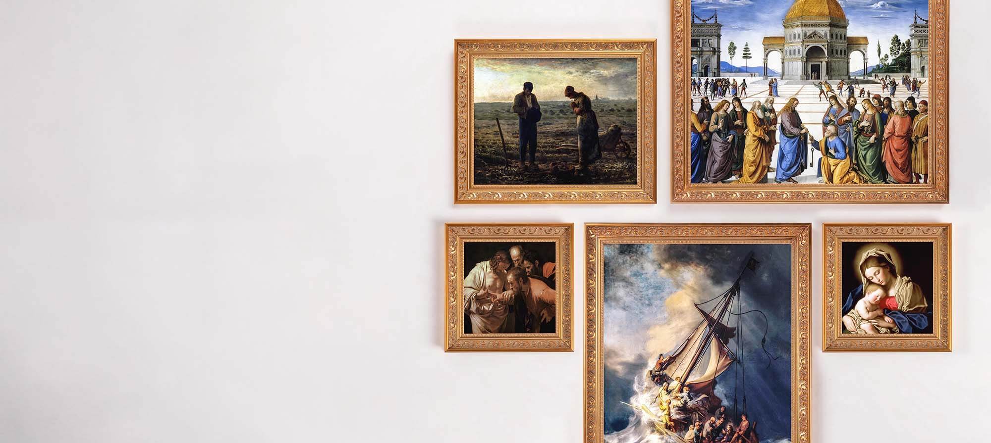 Five framed classical paintings in ornate gold frames arranged on a white wall, including scenes with figures, architecture, a ship, and a woman holding a child.