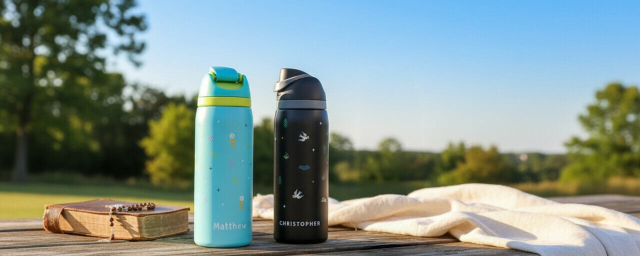 Two water bottles on a wooden surface with a natural background