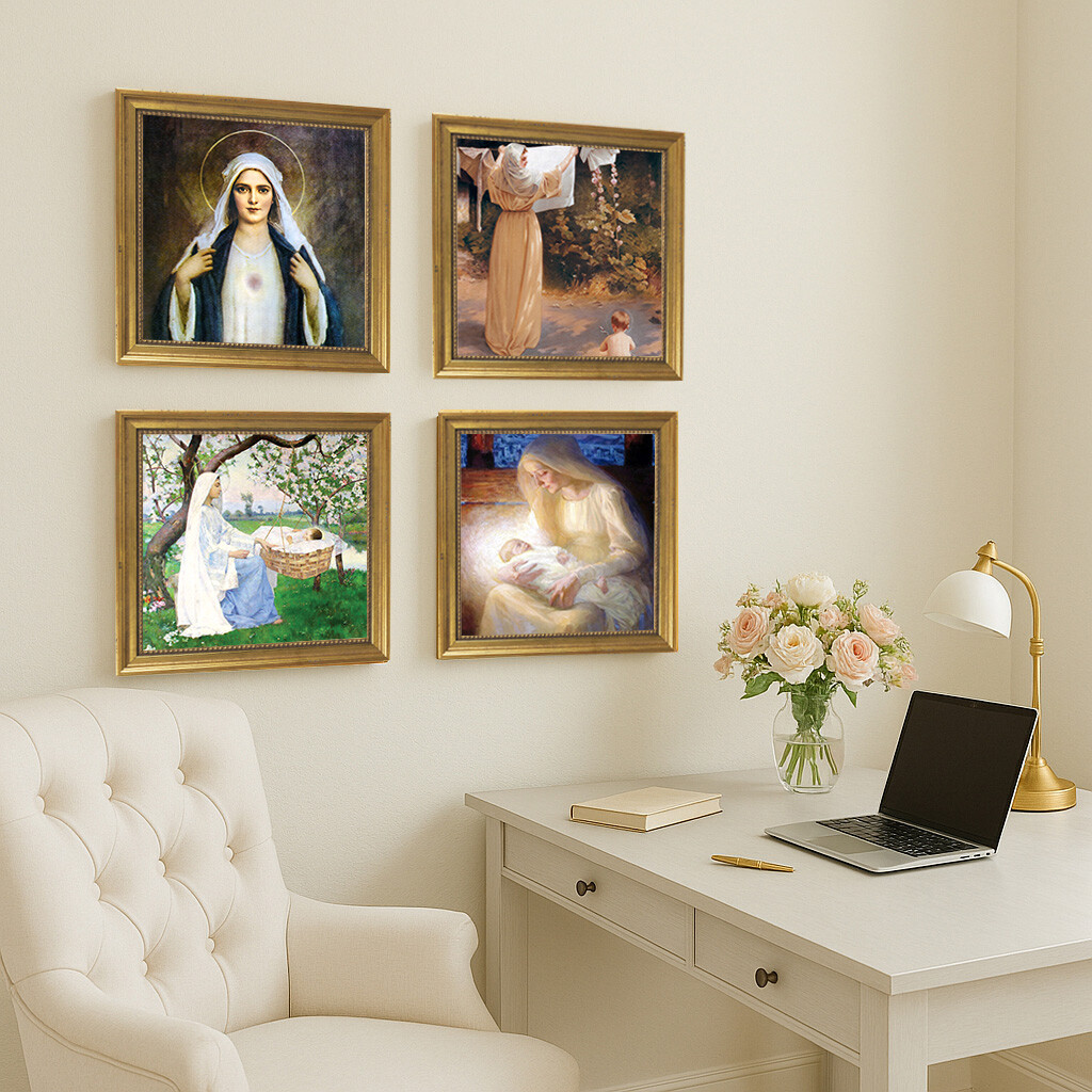 Four Framed art prints of the Virgin Mary, in gold frames, hanging above a desk and chair.