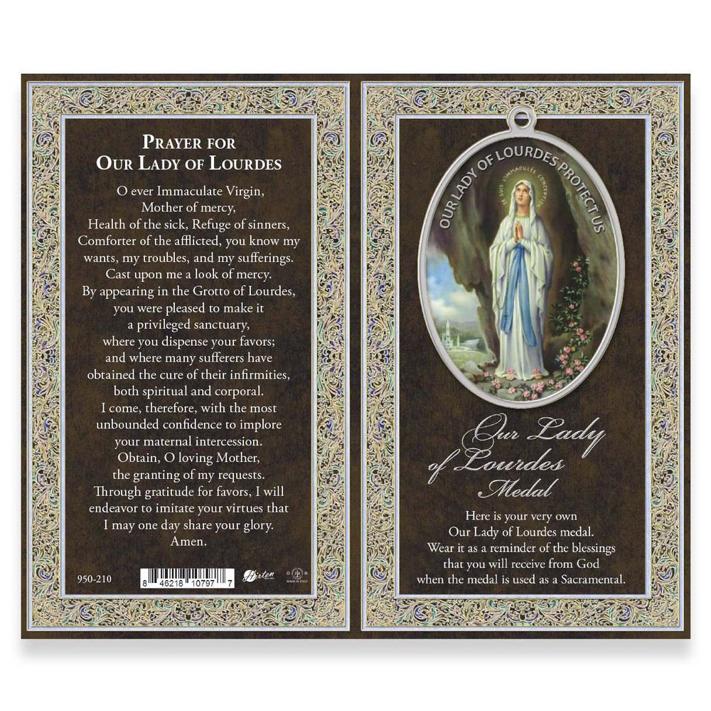 Our Lady of Lourdes Pewter Medal Necklace & Prayer Card Pamphlet - 18"