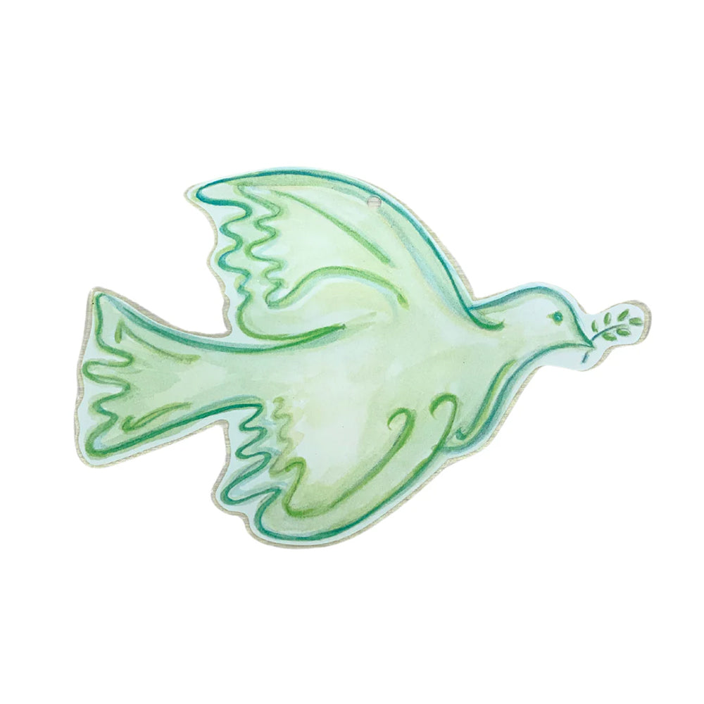 Dove ornament made of wood, watercolor design, light green, holding a twig.