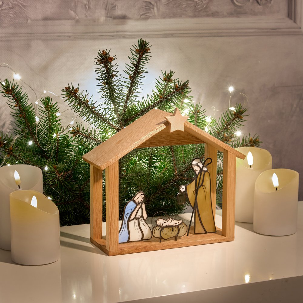 Handcrafted Stained Glass Nativity Scene with Wooden Stable