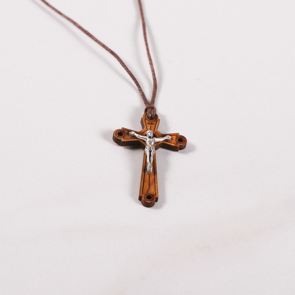 Italian Olive Wood Crucifix Necklace on Brown Cord