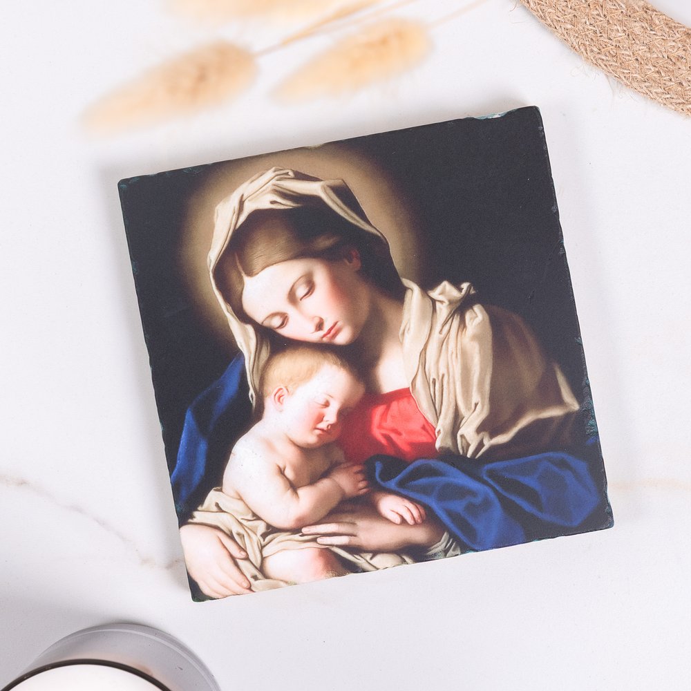 Sassoferrato's Madonna & Child Tumbled Stone Tile - 6" x 6"