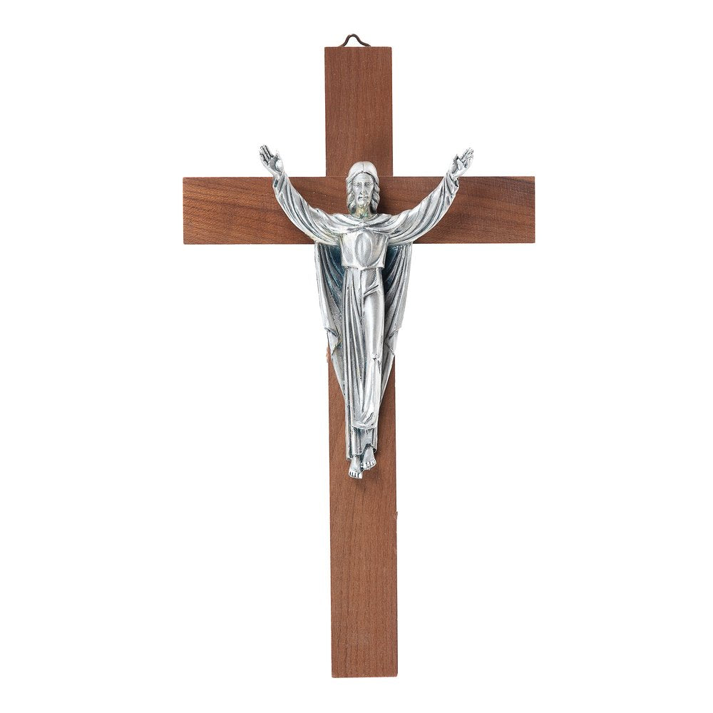 Pewter & Walnut Risen Christ Wall Crucifix - 10"