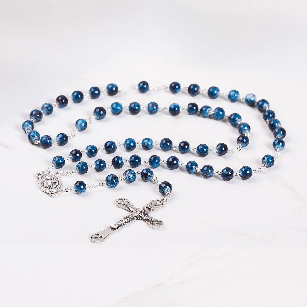 Mother & Child Blue Glass Rosary – Silver Tone