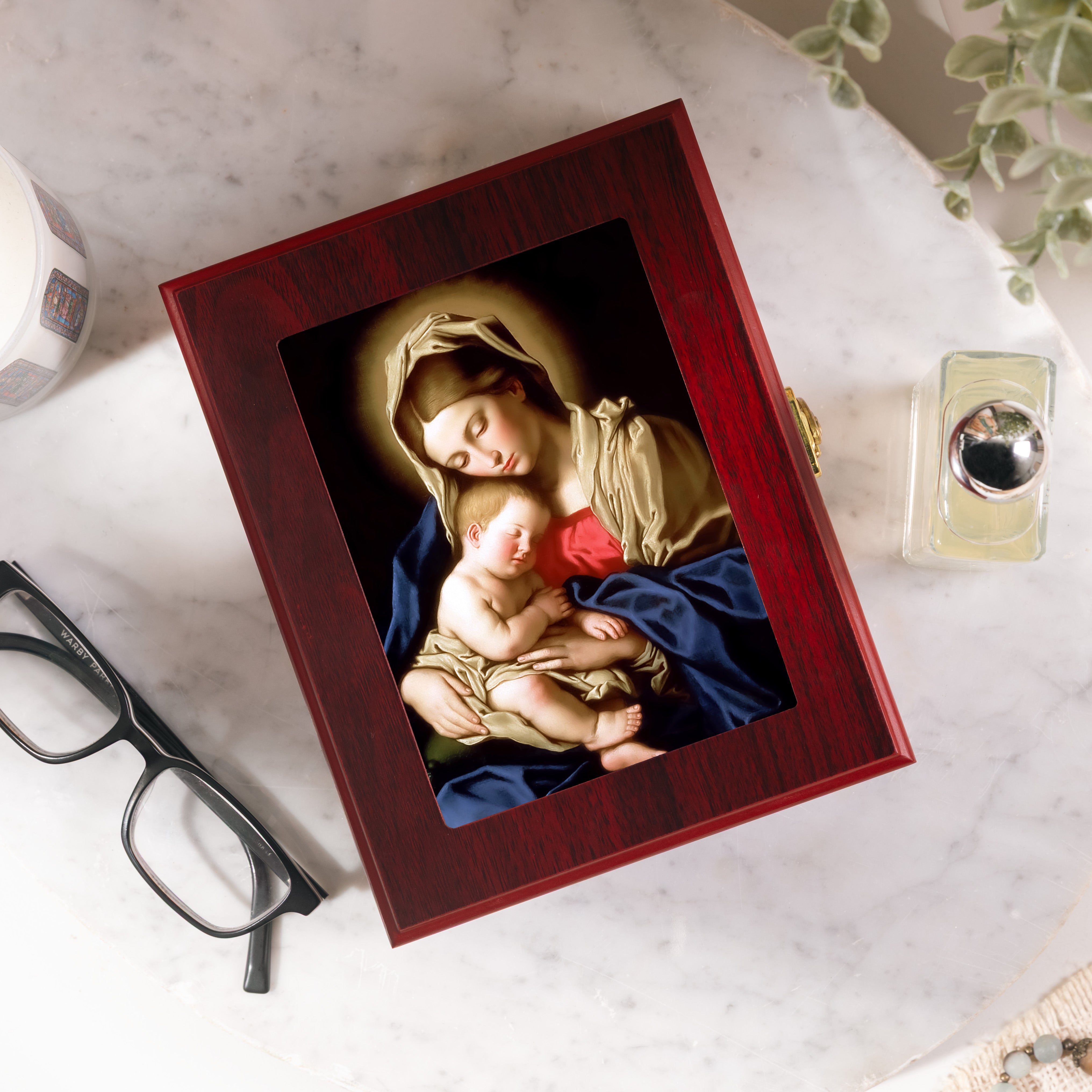 Sassoferrato Madonna & Child Cherry Rosary Keepsake Box