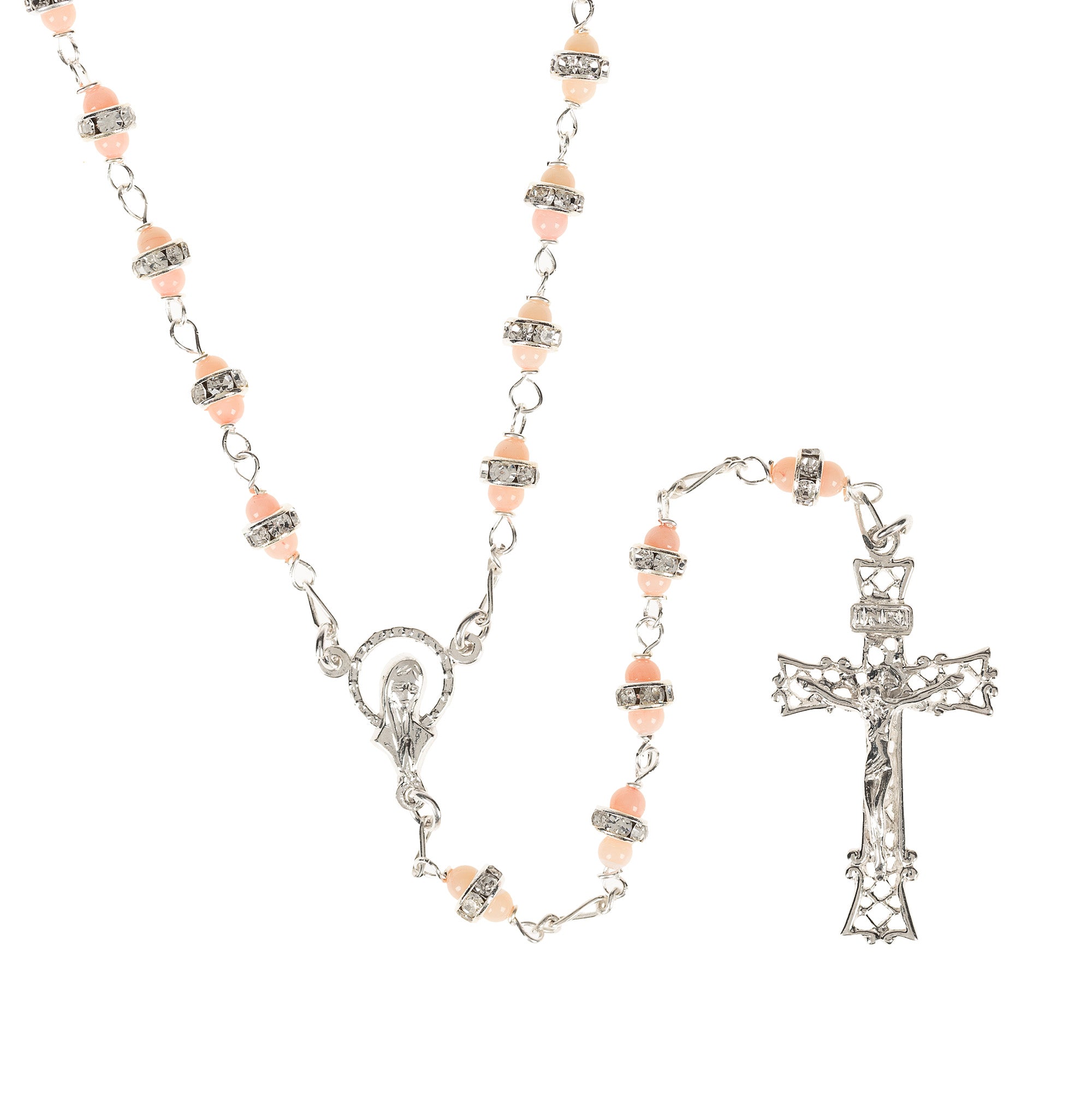 Sterling Silver Coral & Rhinestone Rosary