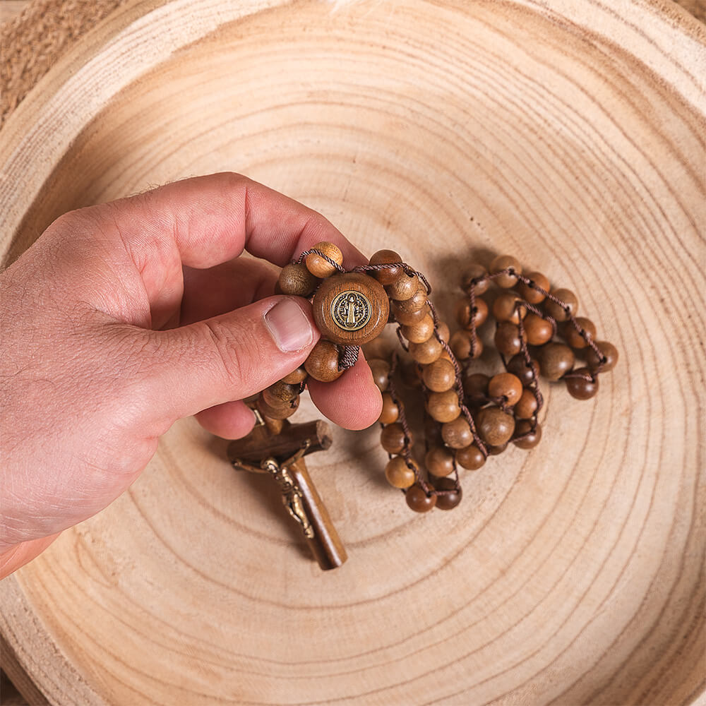 St. Benedict Wood Bead Ladder Rosary