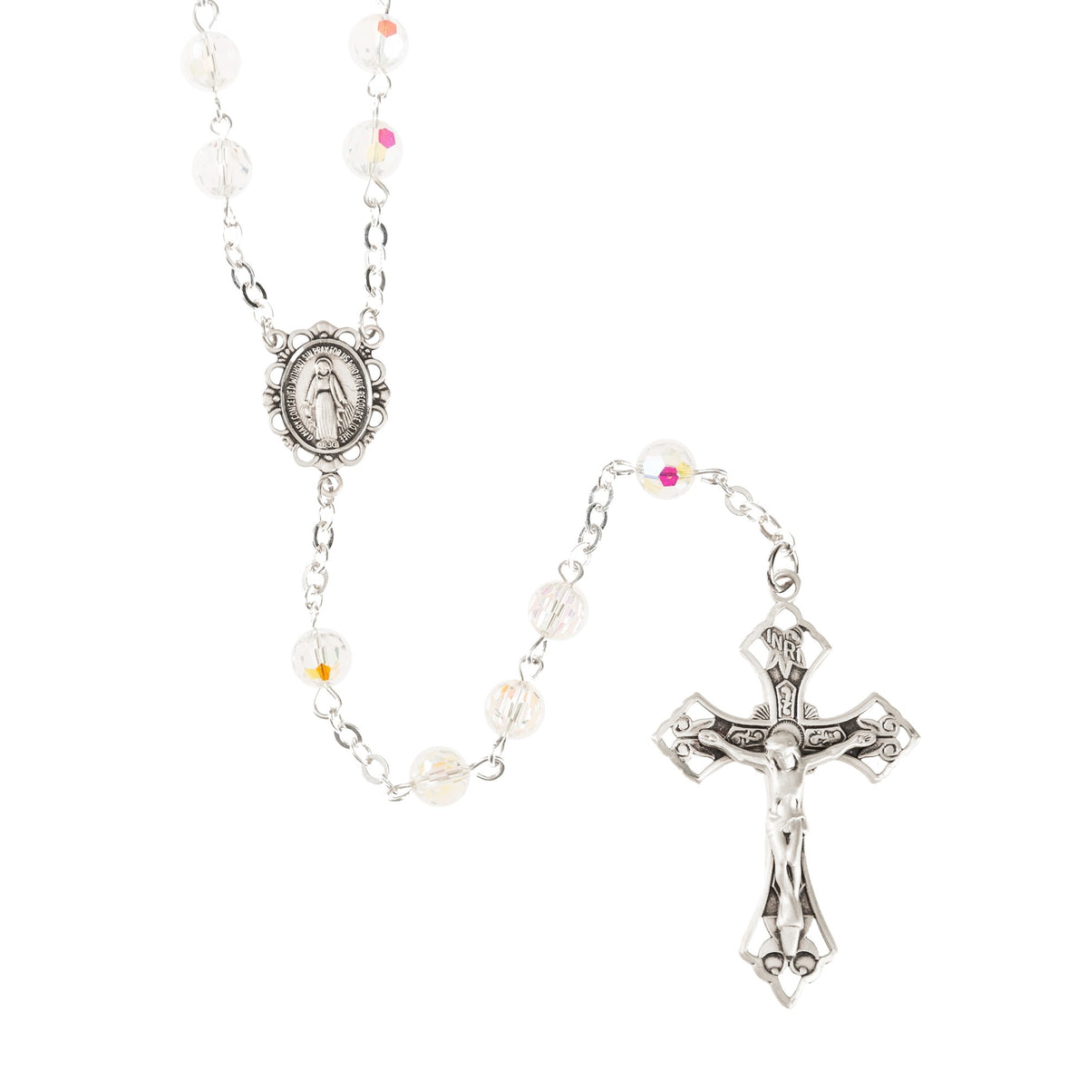 Swarovski Clear Crystal Aurora Borealis and Sterling Rosary