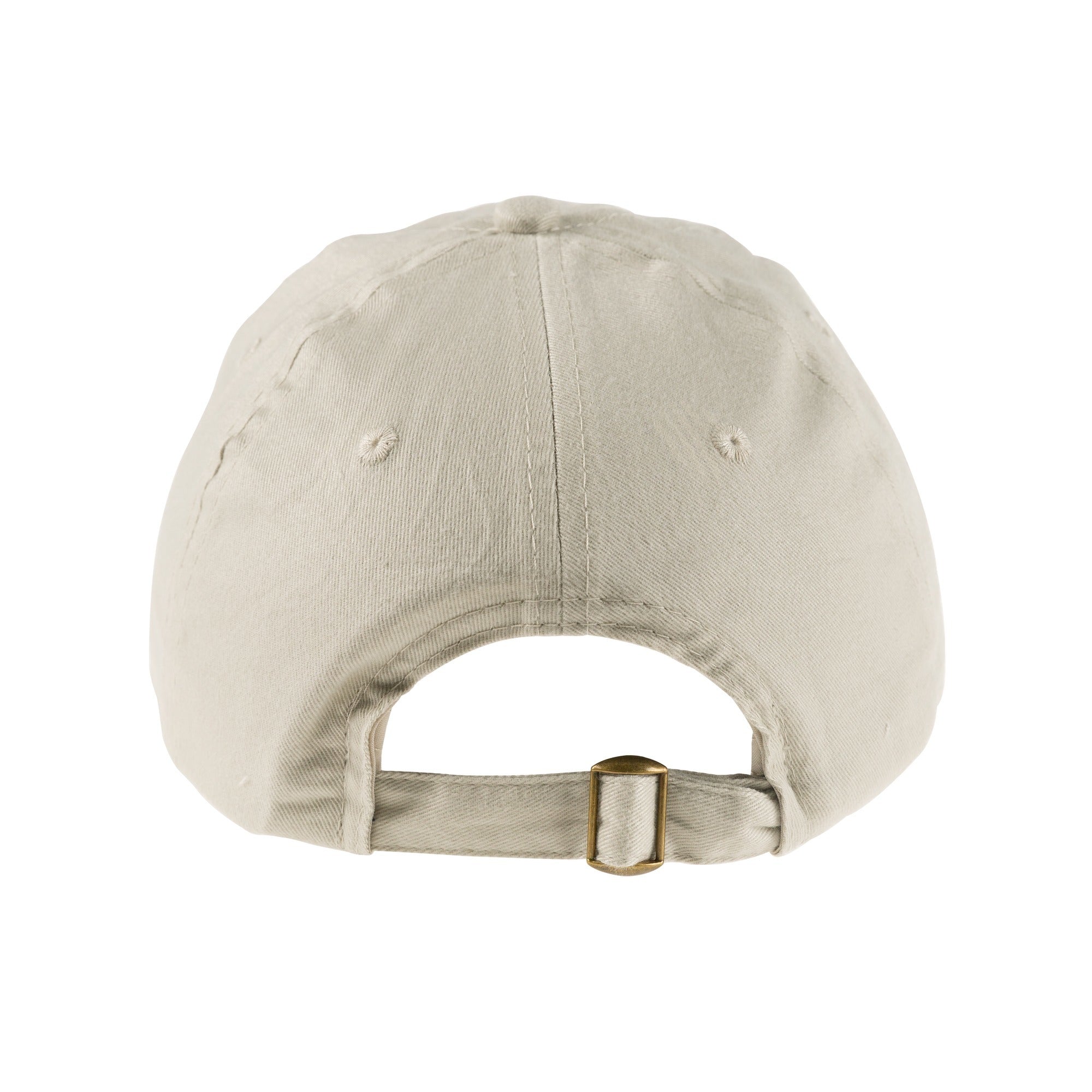 Backside of a beige twill baseball cap with adjustable strap and bronze buckle.