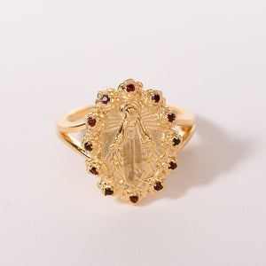 Gold Miraculous Medal & Rose Halo Adjustable Ring