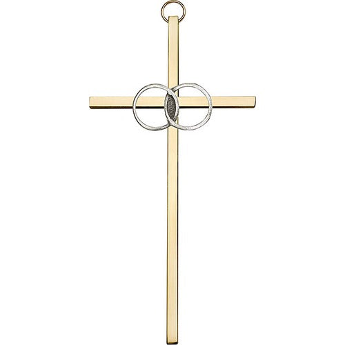 6 inch Antique Silver Wedding Rings on a Polished Brass Cross