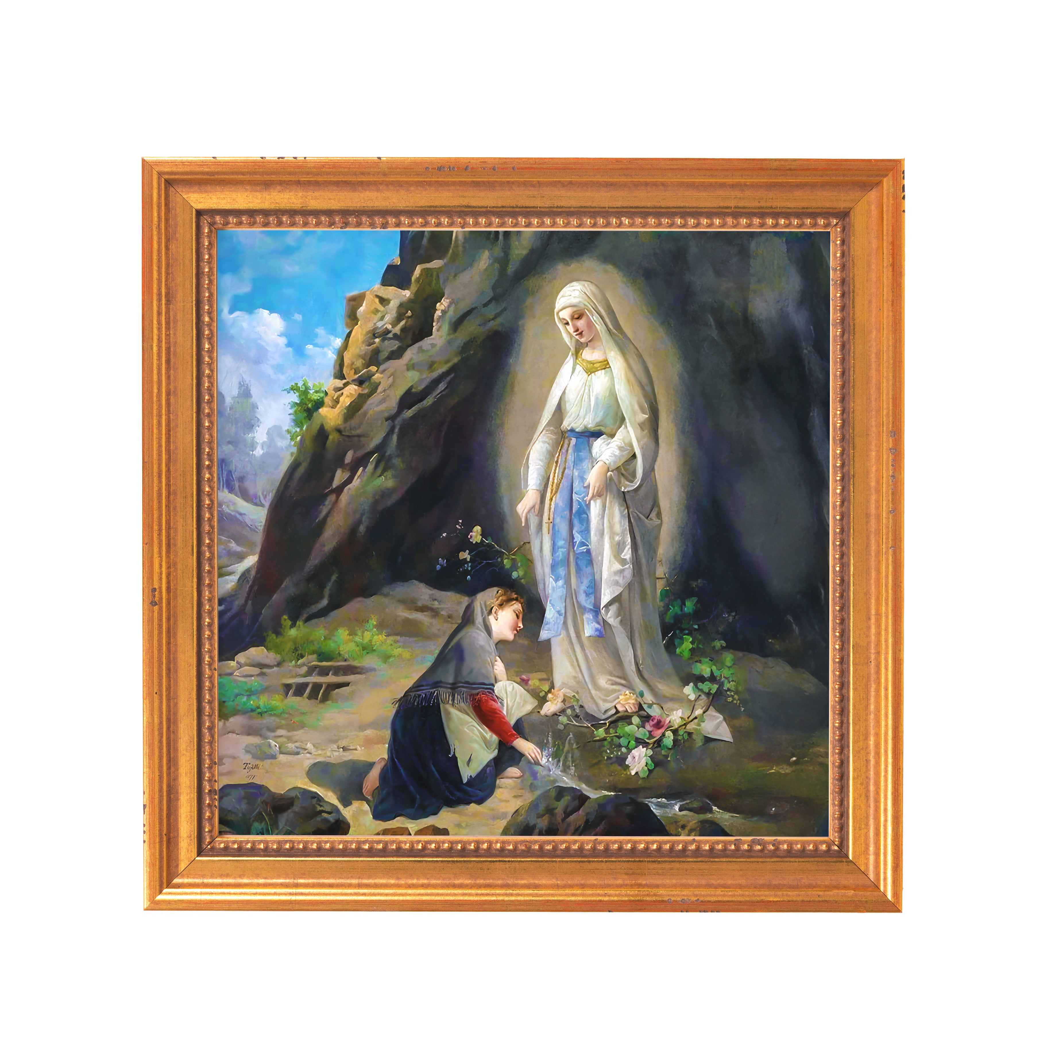 Framed oil painting of Mary and Bernadette at the spring, gold frame.