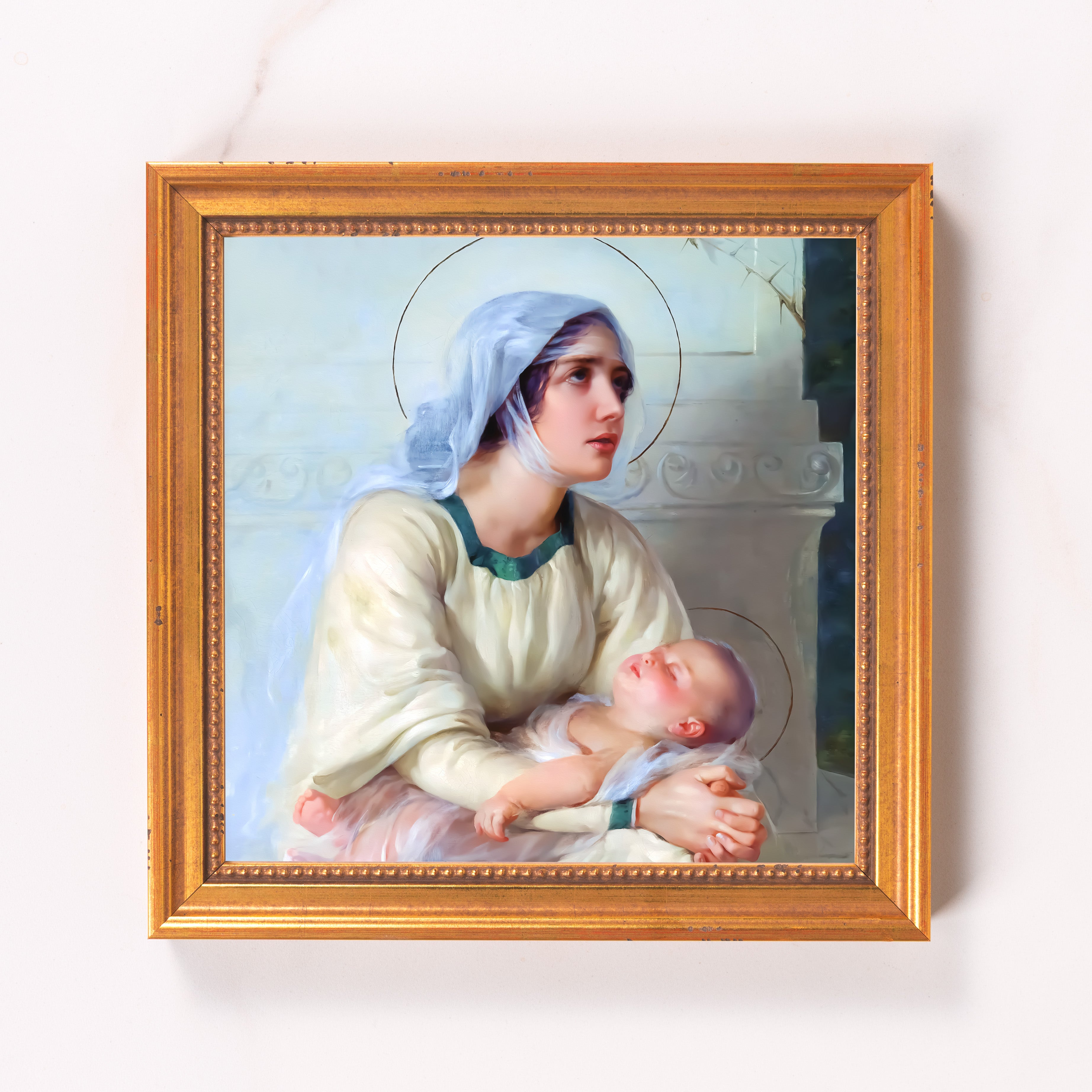 Framed, Religious art print depicts Mary holding Jesus, soft colors, gold frame.