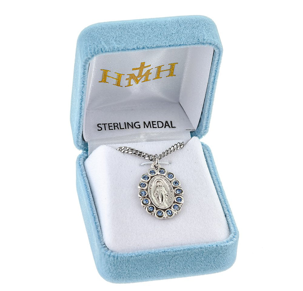 Sterling Silver Oval Miraculous Medal w/ Light Sapphire