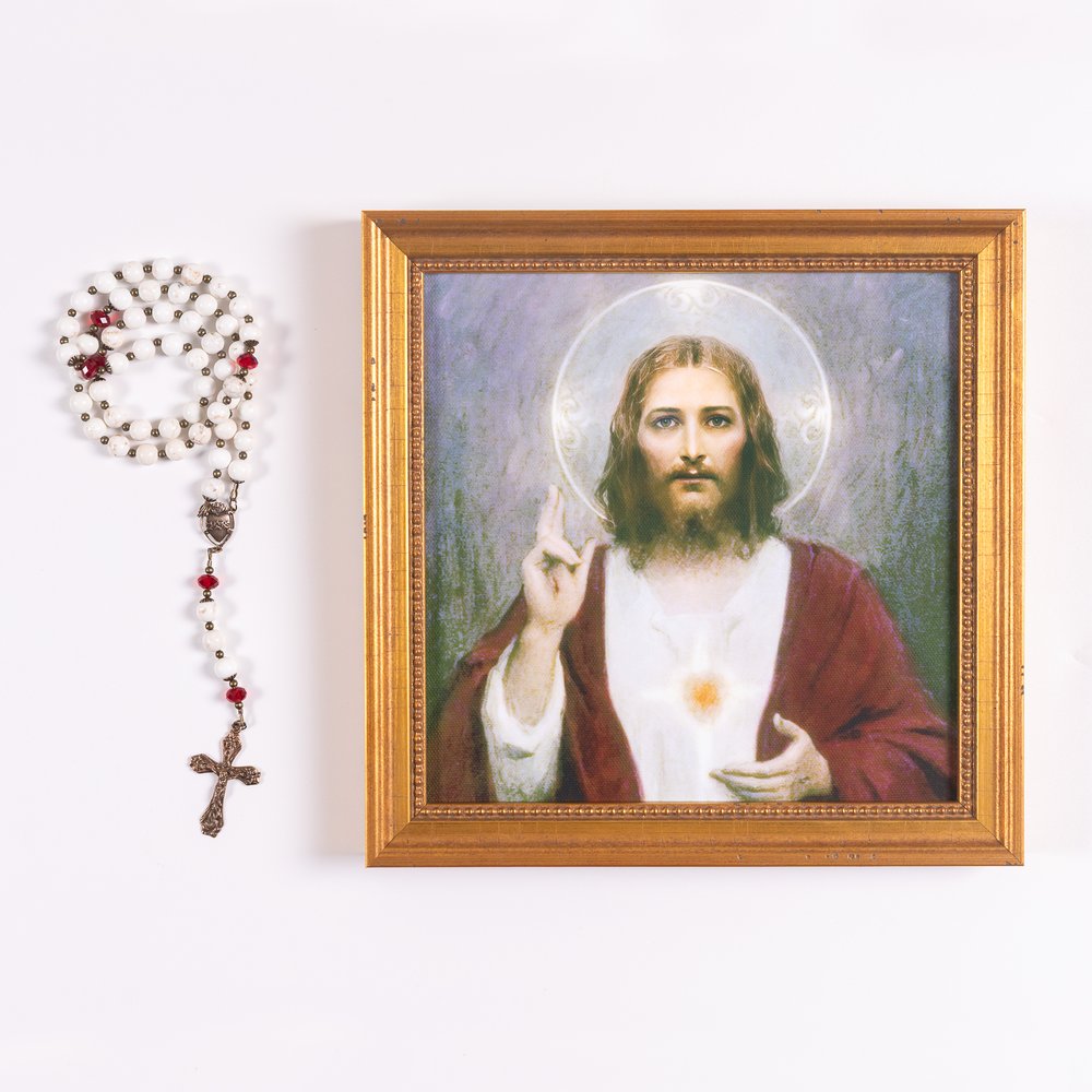 USA 250th Anniversary Sacred Heart Rosary & Framed Print Gift Set