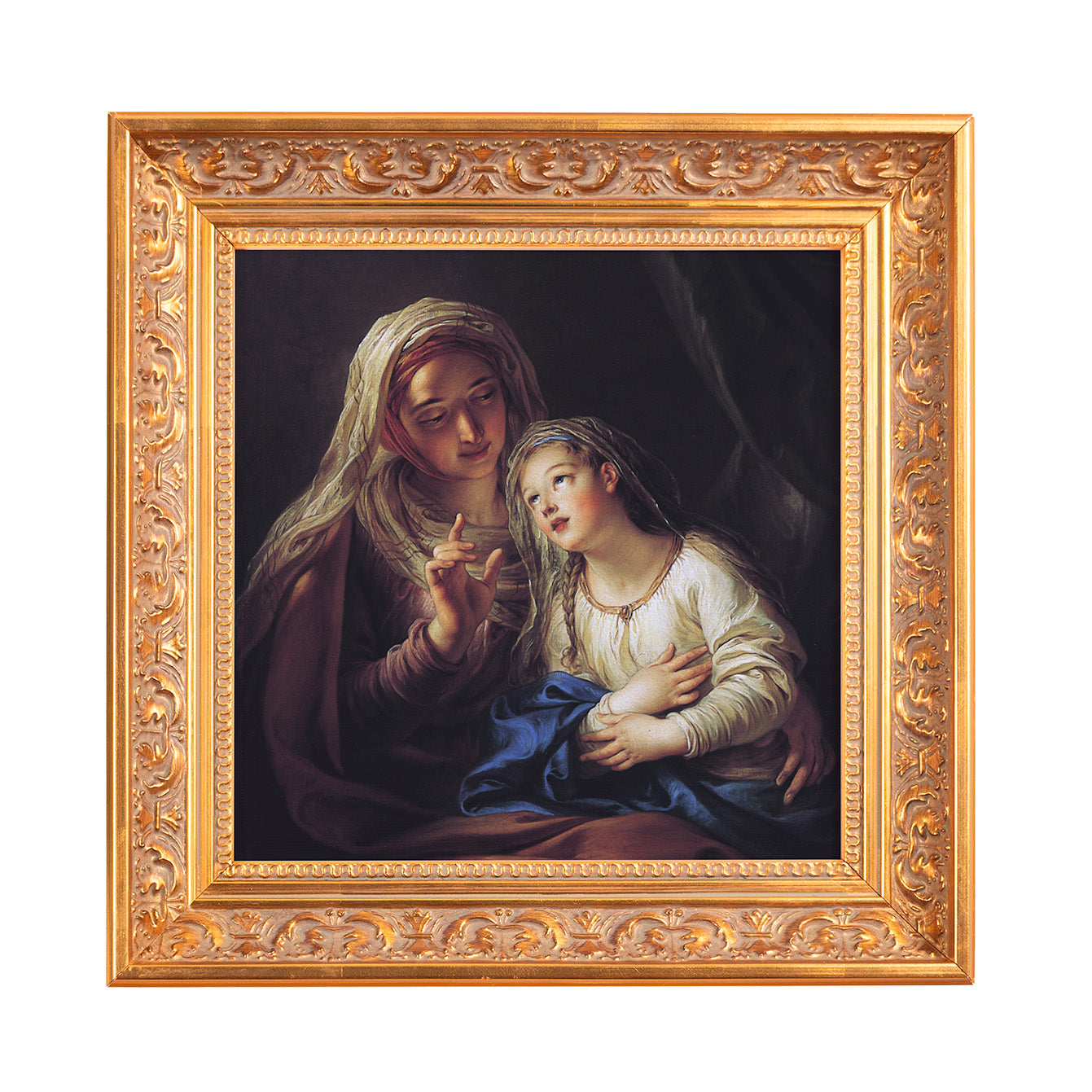 Framed painting of Mary and young Jesus in blue and cream tones with ornate gold frame.