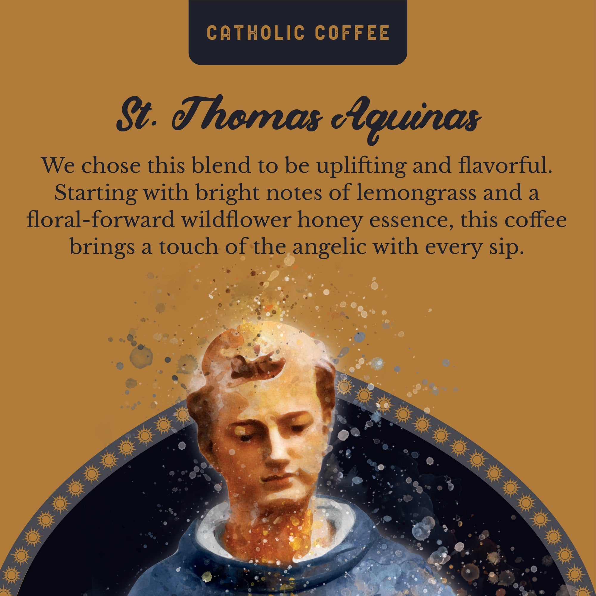 St. Thomas Aquinas coffee label with a saint portrait and coffee description on a tan background.