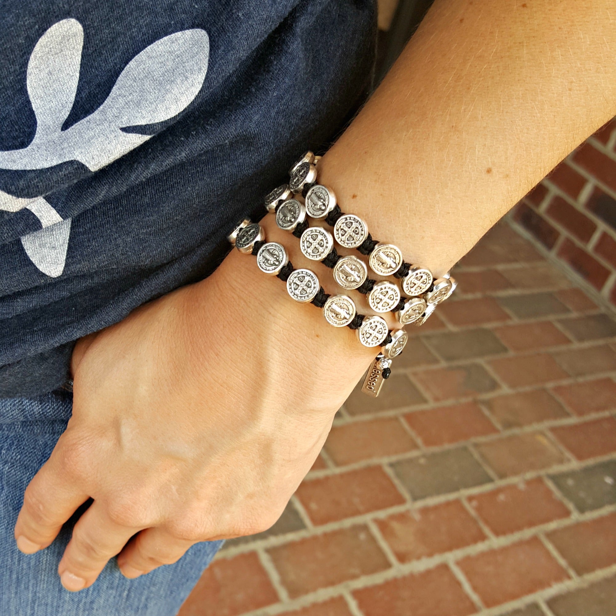 Silver Benedictine Blessing Bracelet, Black Macrame