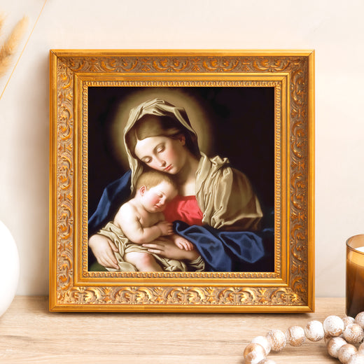 Framed print featuring Virgin Mary and baby Jesus with ornate gold frame for home decor.