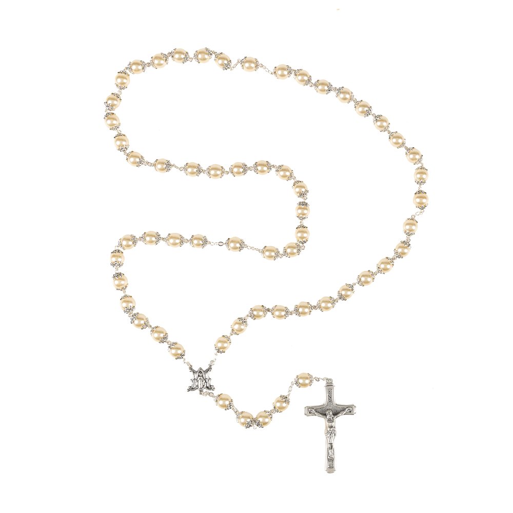 Capped Pearl Rosary with Marian Monogram Center
