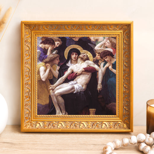 Framed "Pietà" print in an ornate gold frame depicts the Virgin Mary mourning over Jesus surrounded by angels.