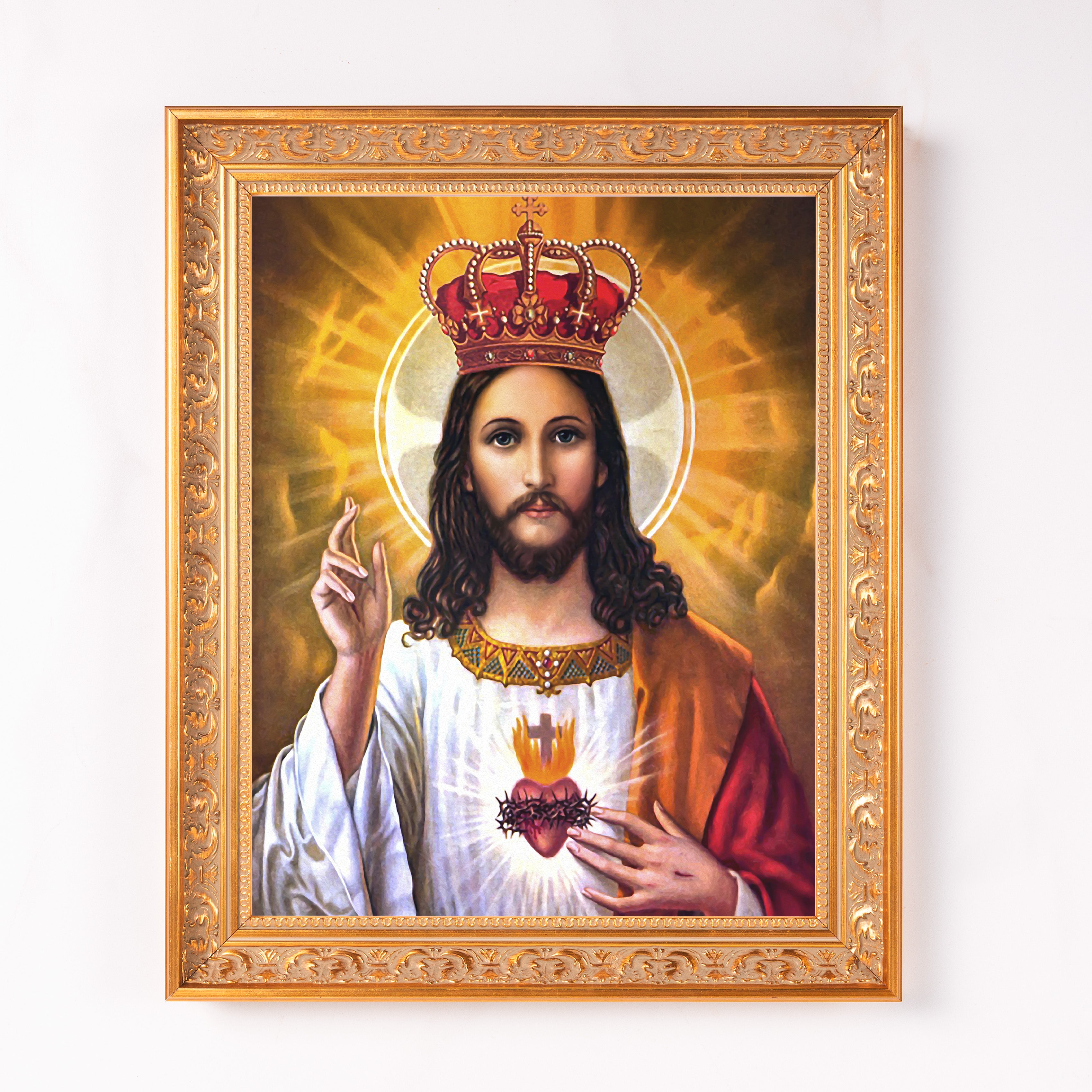 Framed portrait of Jesus Christ with red crown, gold frame, warm color palette and religious symbolism.