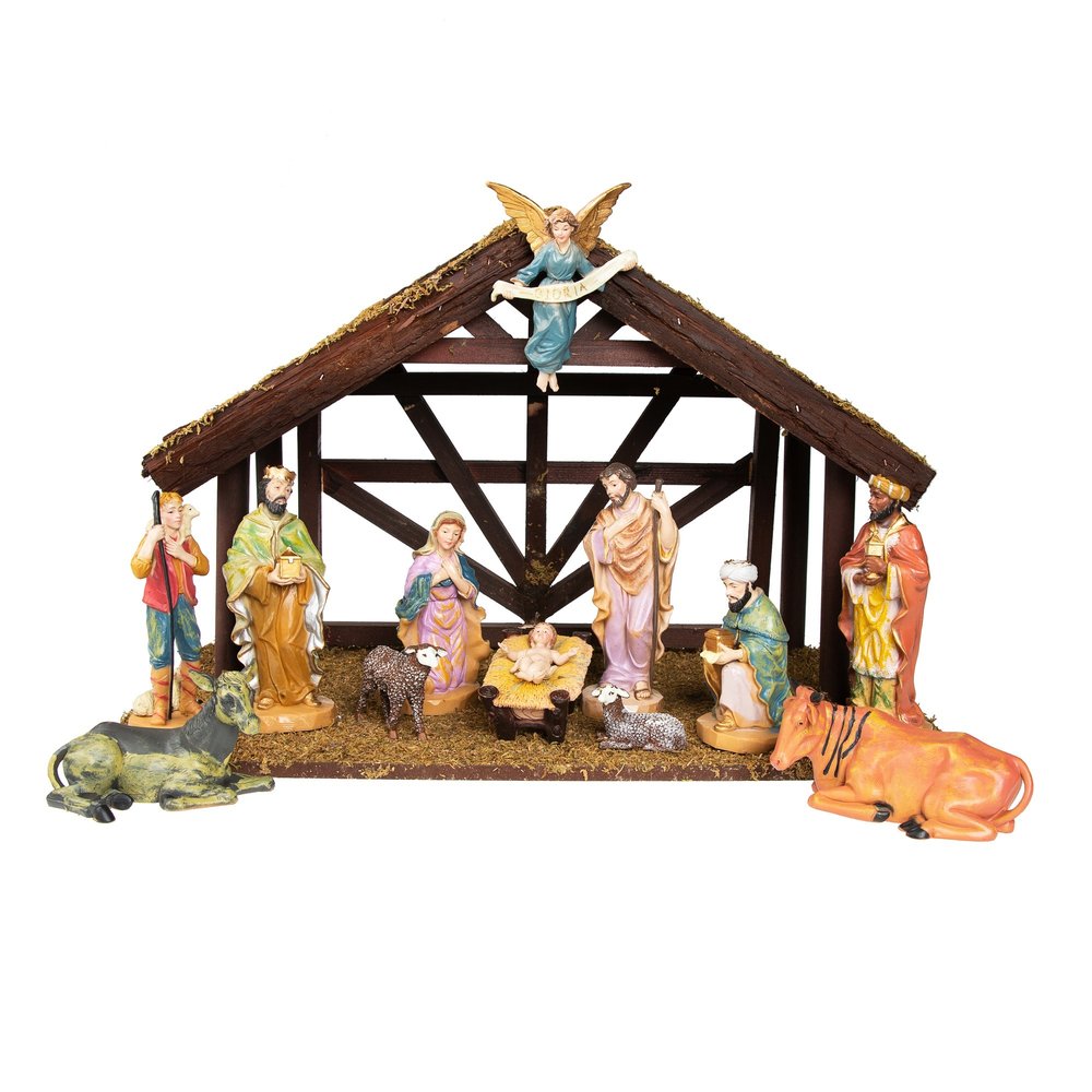 Colored Nativity Set with Wood Stable - 14 Pieces