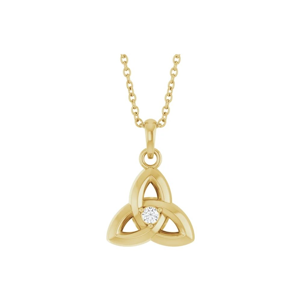 Gold pendant necklace with a Celtic Trinity knot design and a small diamond accent.