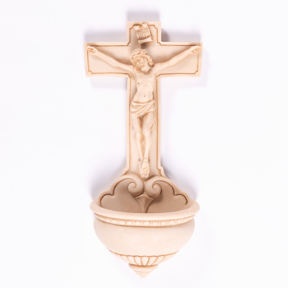 Ivory Finish Crucifix Holy Water Font - 10"