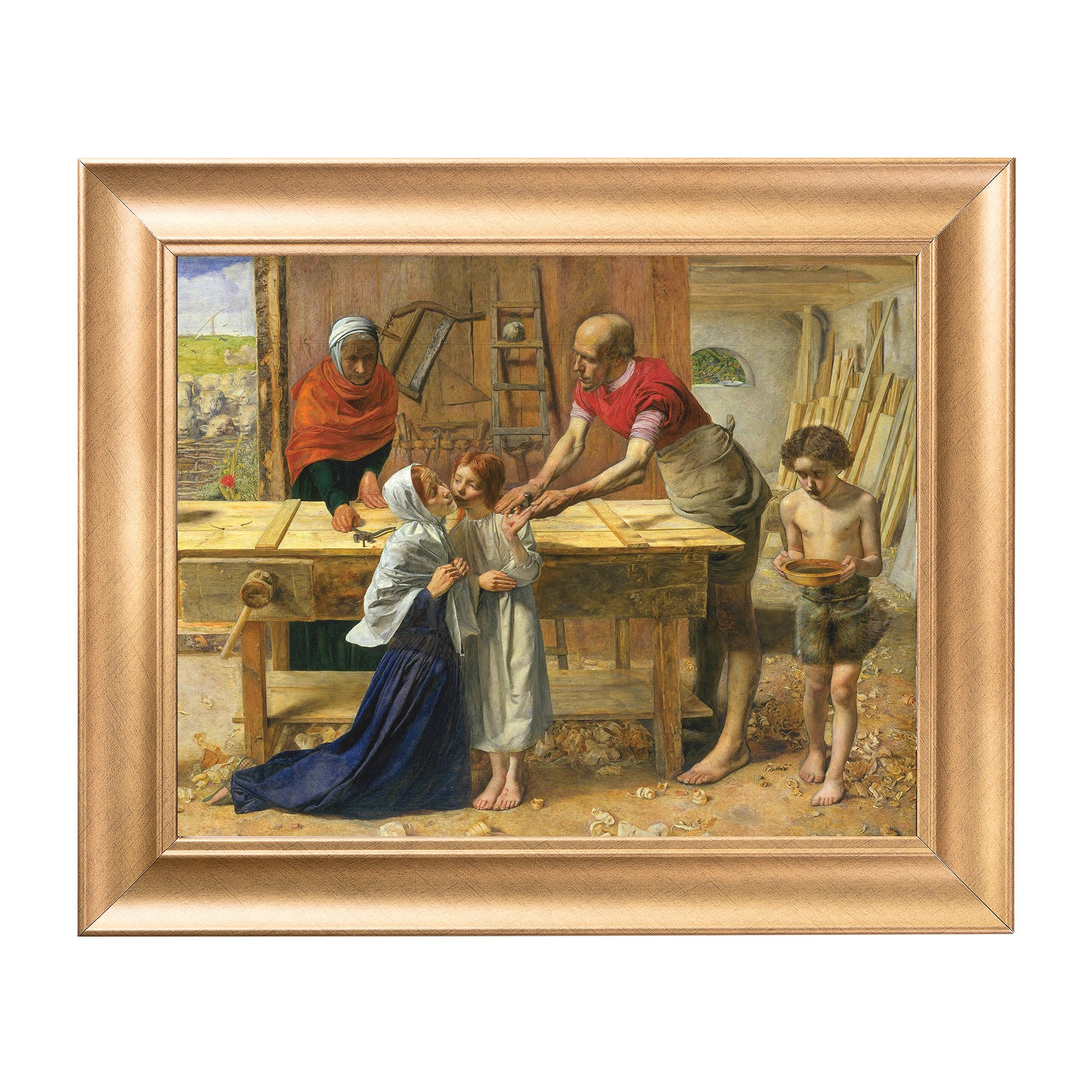 Framed "The Carpenter's Shop" oil painting; depicts Jesus with his family in a workshop in shades of blue, red, and brown.
