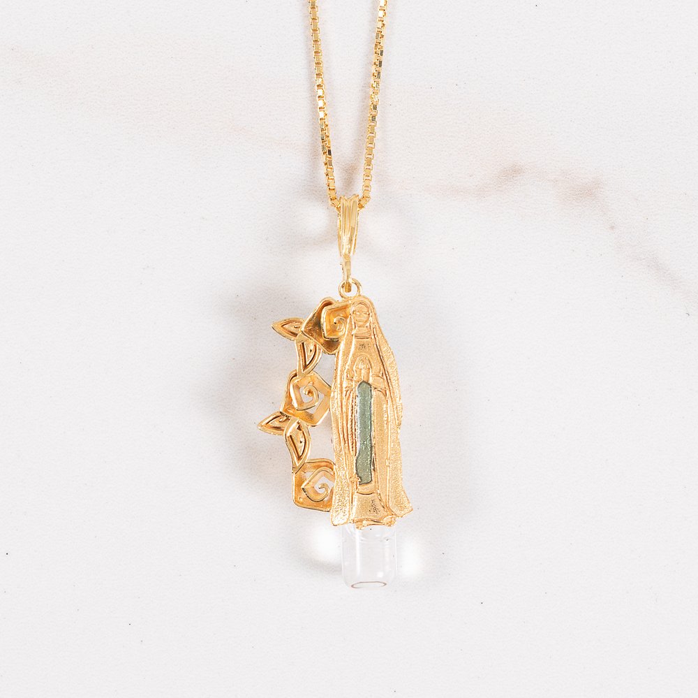 Gold Over Sterling Silver Our Lady of Lourdes Rose Necklace with Lourdes Water