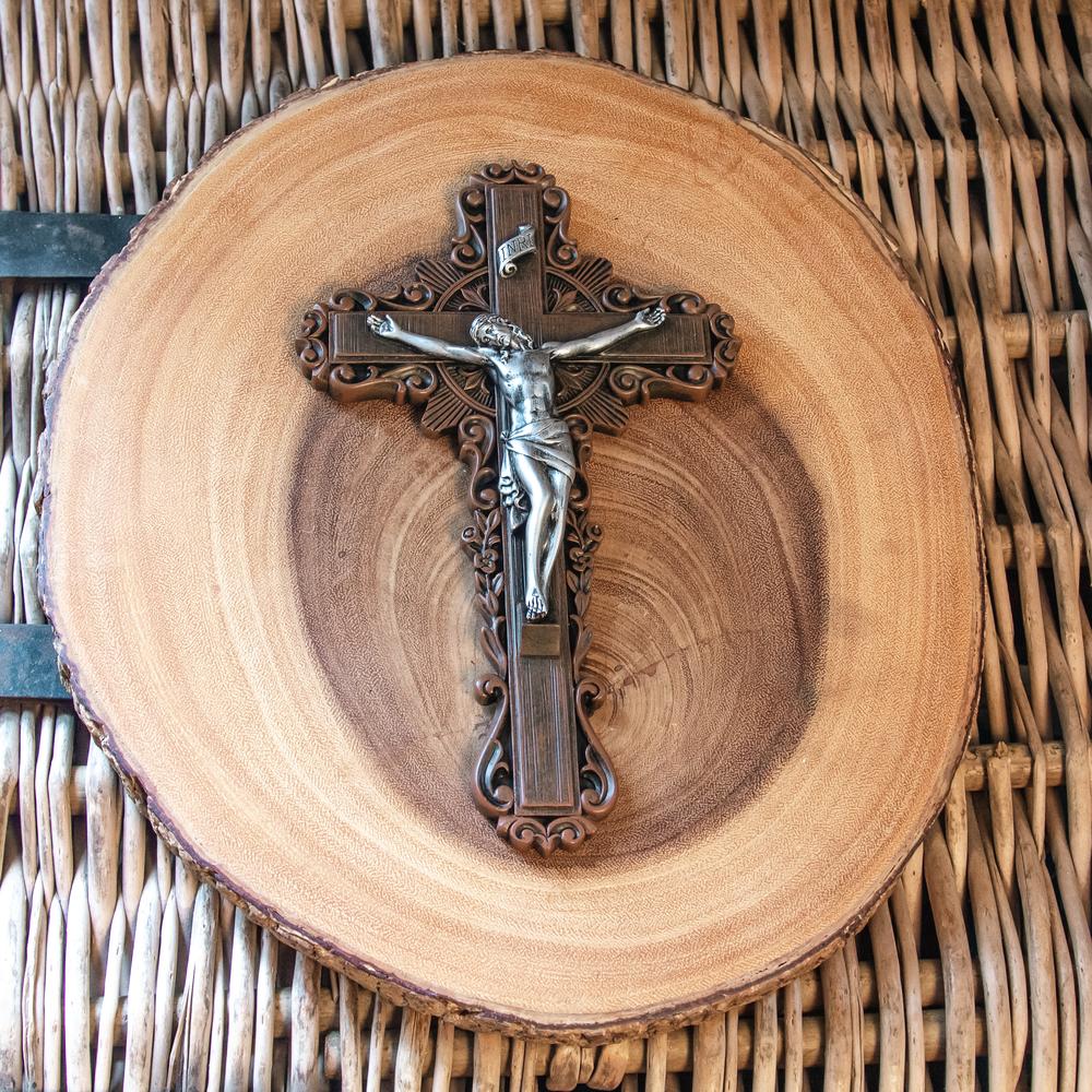 Ornate Wood Look Sunburst Crucifix - 10"