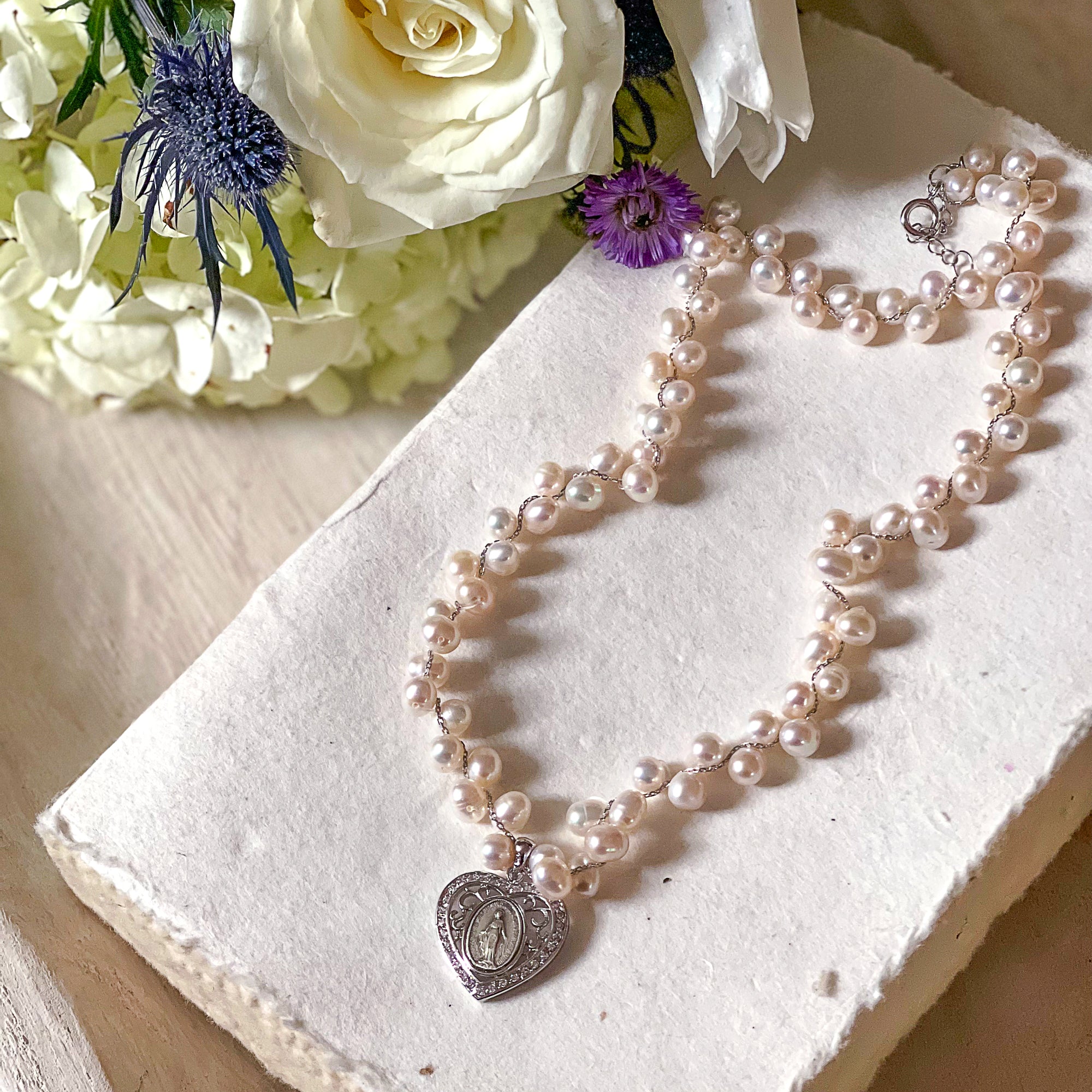 Grapevine Pearl Miraculous Medal Heart Necklace
