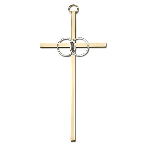 6 inch Antique Silver Wedding Rings on a Polished Brass Cross