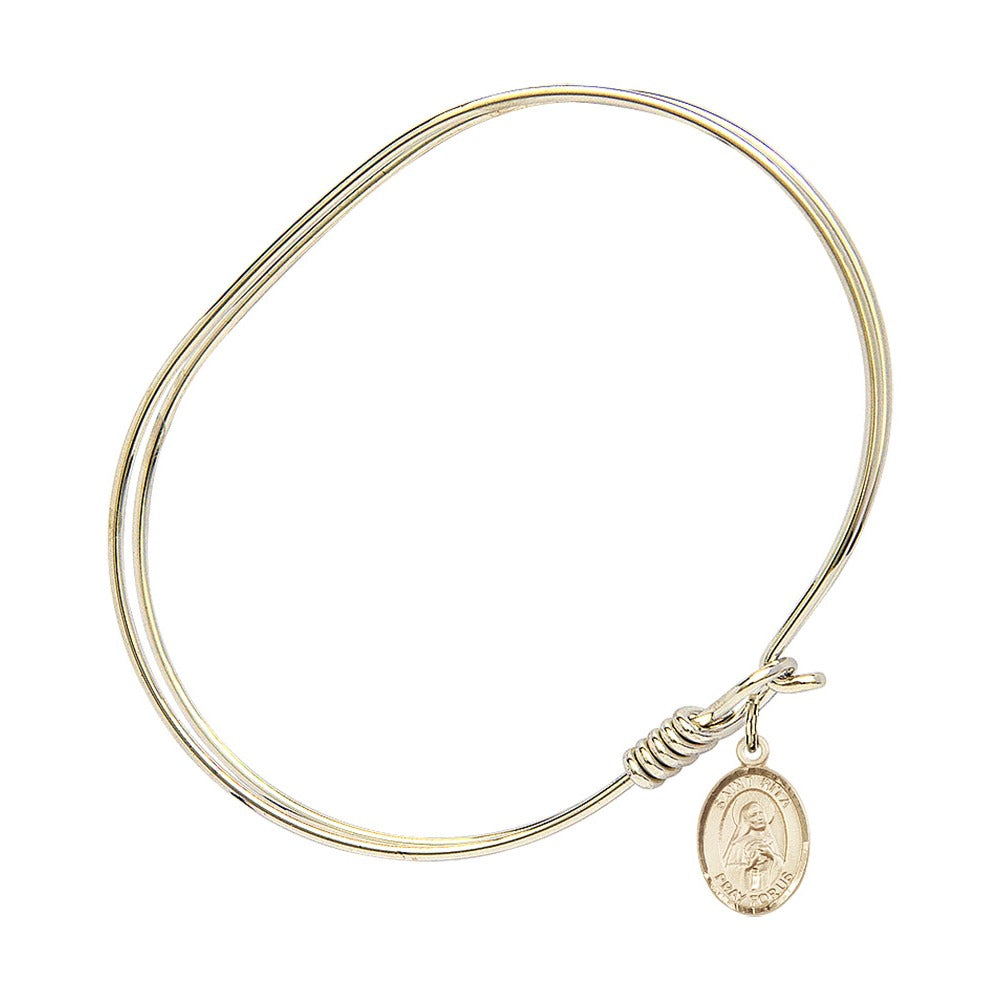 Adult 7" Oval Gold Plated Bangle Bracelet with St. Rita of Cascia Medal Charm