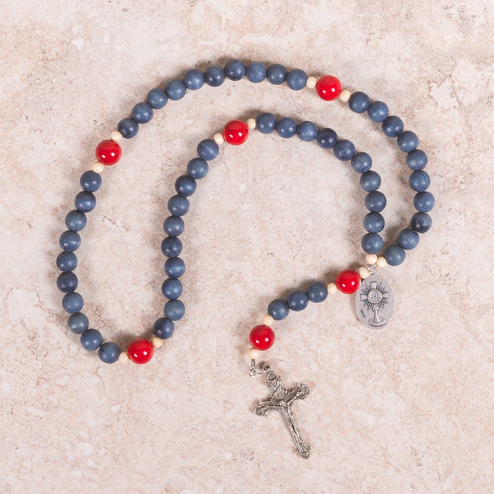 St. Carlo Acutis Blue Wood & Red Mountain Jade Rosary