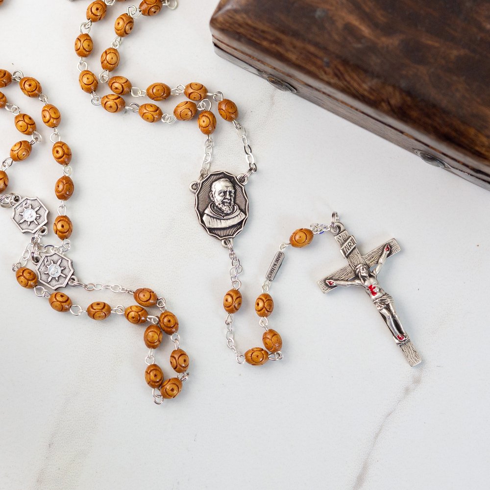 Antique Silver & Wood St. Padre Pio Rosary