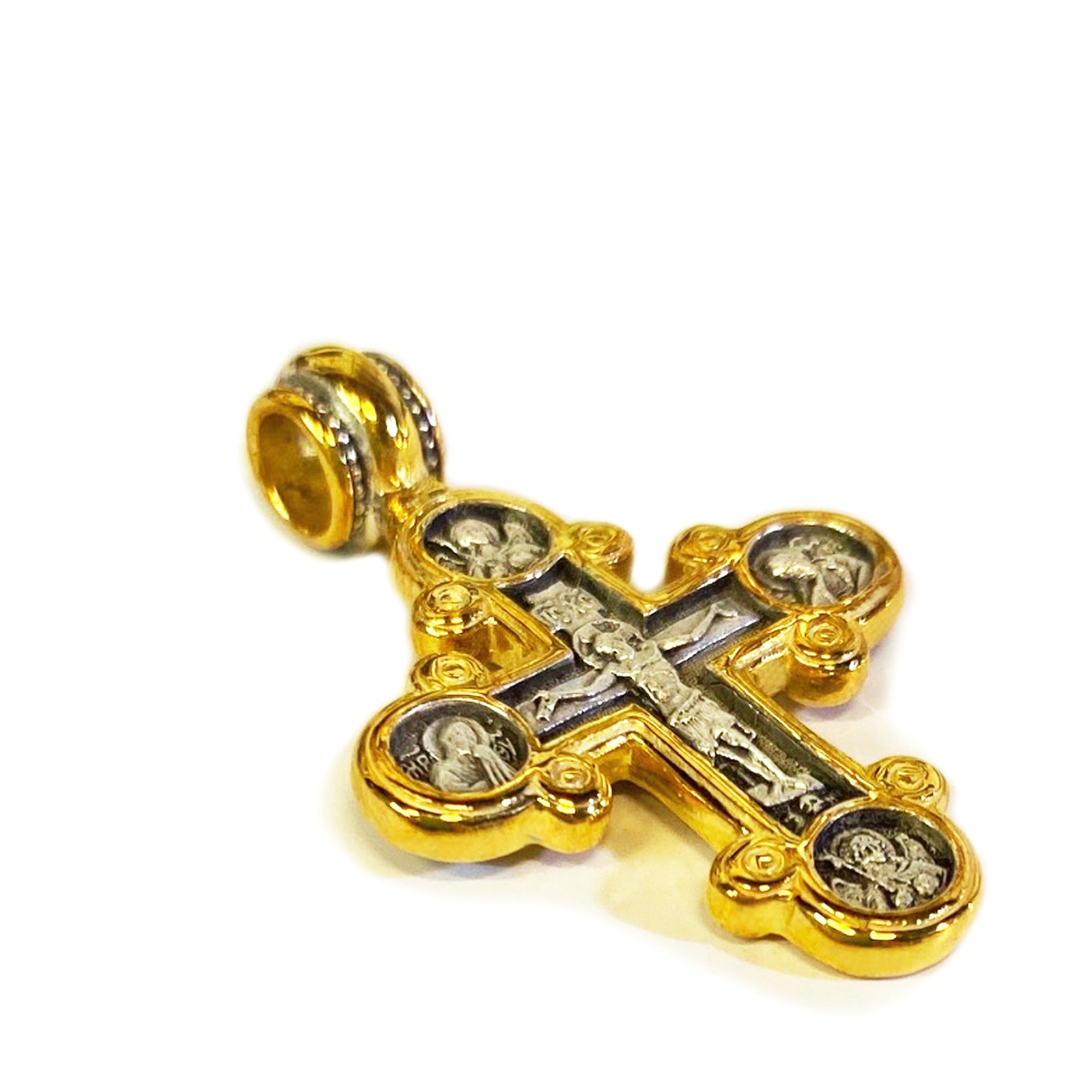 Ornate Gold over Sterling Byzantine Crucifix Necklace