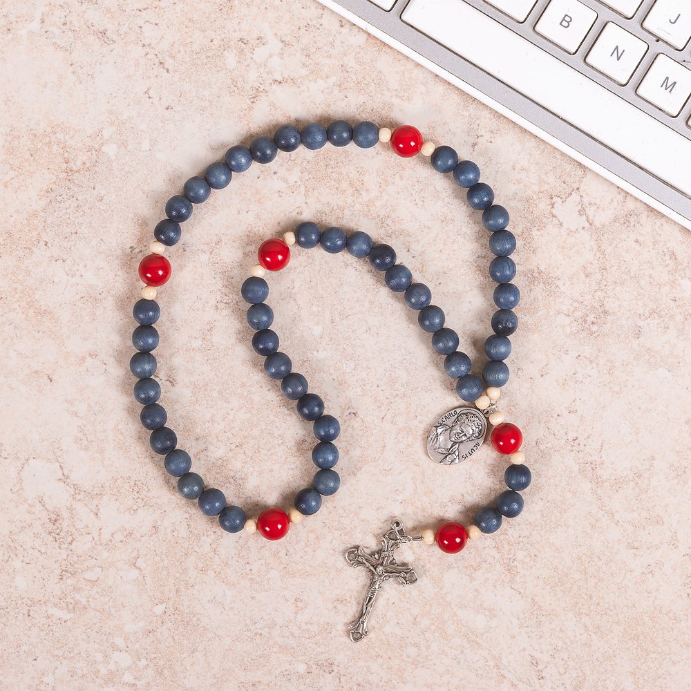 St. Carlo Acutis Blue Wood & Red Mountain Jade Rosary