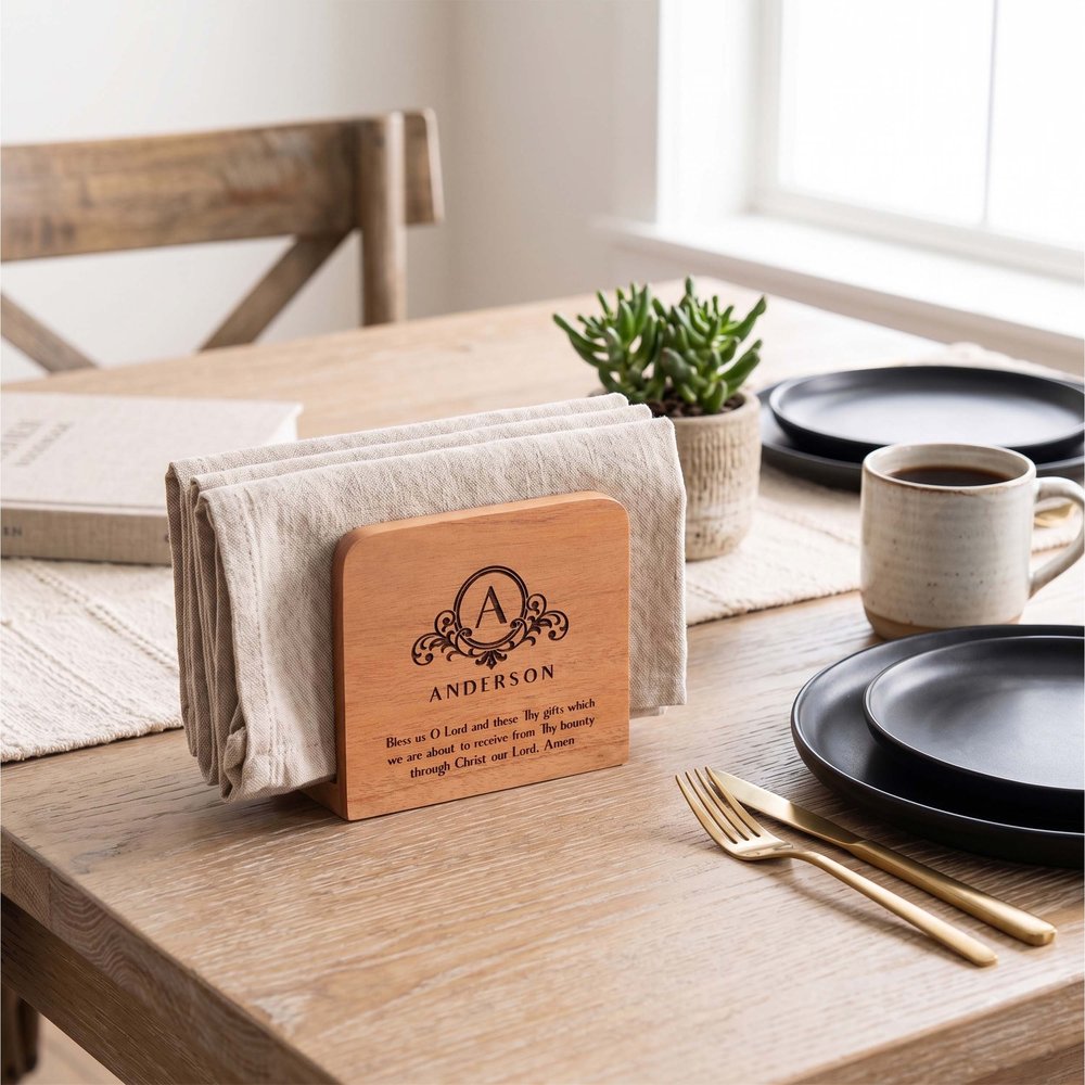 Personalized Bless Us O Lord Wooden Napkin Holder