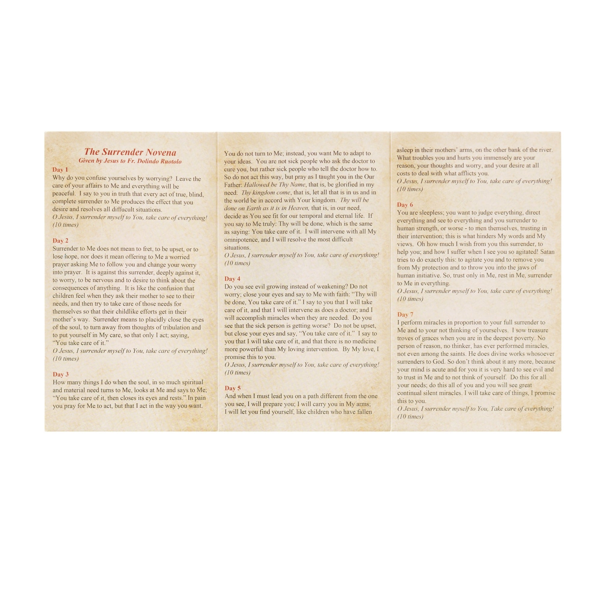 Tan Paper containing the Surrender Novena prayer given by Jesus, in simple style, for spiritual guidance.