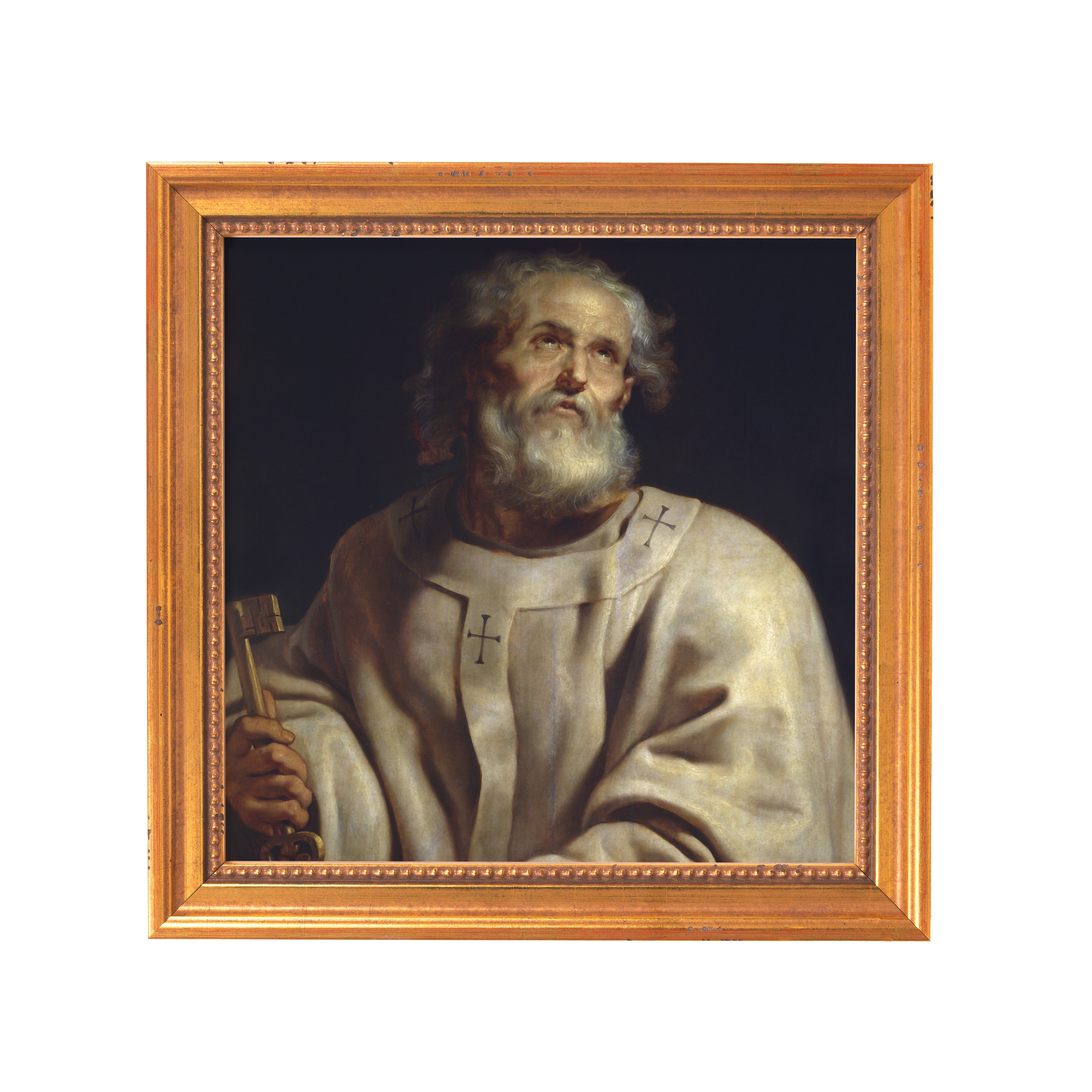 Framed Portrait of Saint Peter holding key, old master style, neutral colors, gold frame.