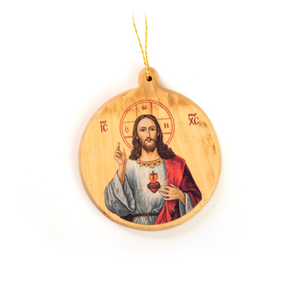 Thick Cut Olive Wood Sacred Heart Ornament