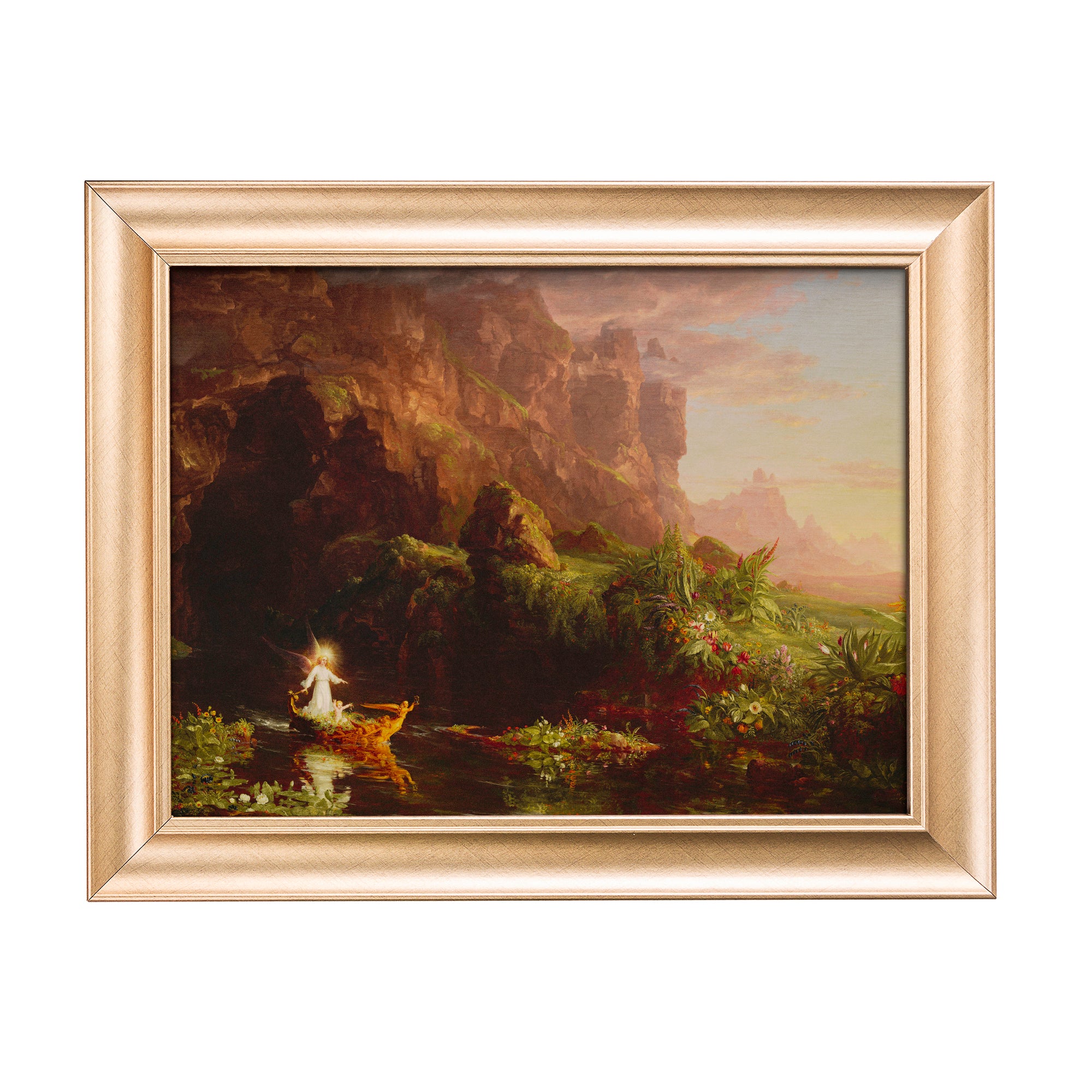 Framed print of a painting depicting a fairy on a boat in a landscape, gold frame.