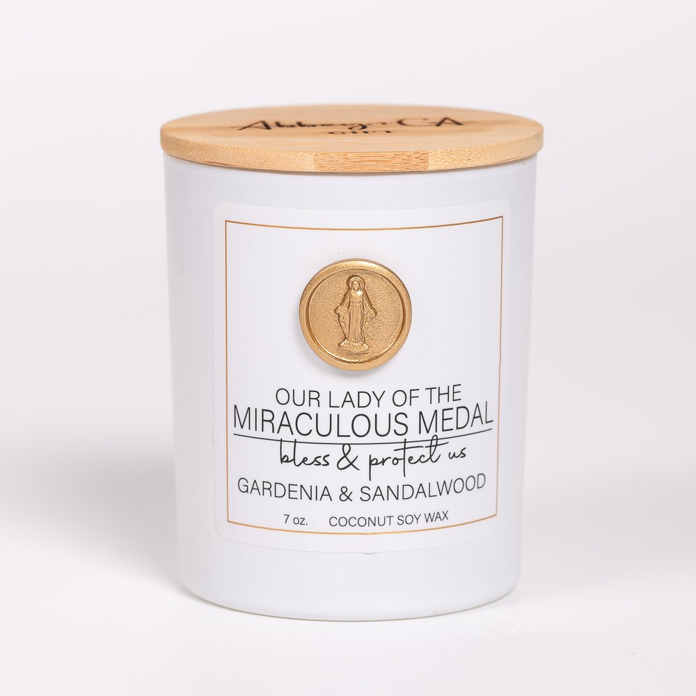 Our Lady of the Miraculous Medal Candle - Gardenia & Sandalwood