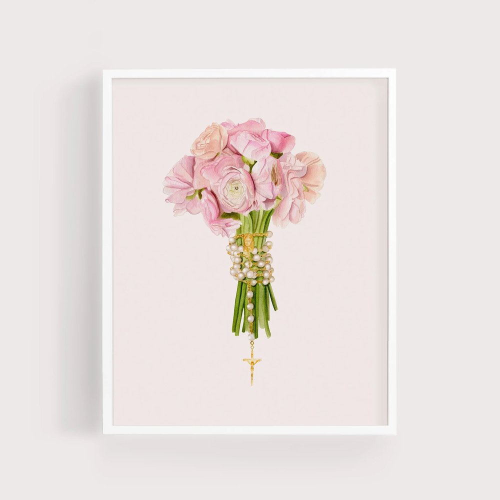 Unframed Rosary & Pink Ranunculus Flower Bouquet Print - 8" x 10"