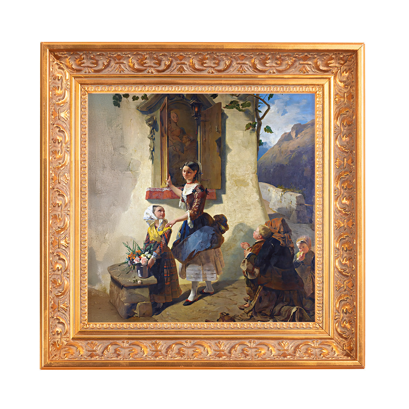 Framed oil painting of women near a house with a gold frame and rustic style.