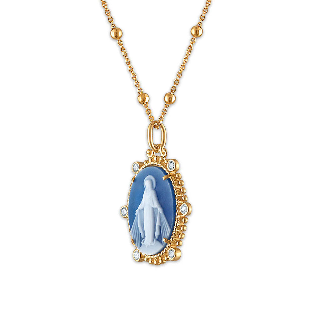 Necklace with blue cameo pendant of the Virgin Mary in gold setting with crystal accents.